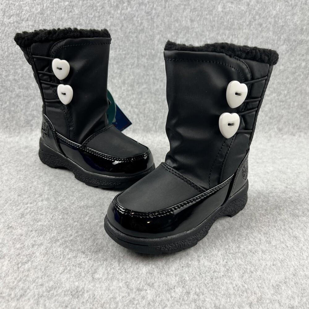 totes Kids Black Winter Boots with White Heart Buttons